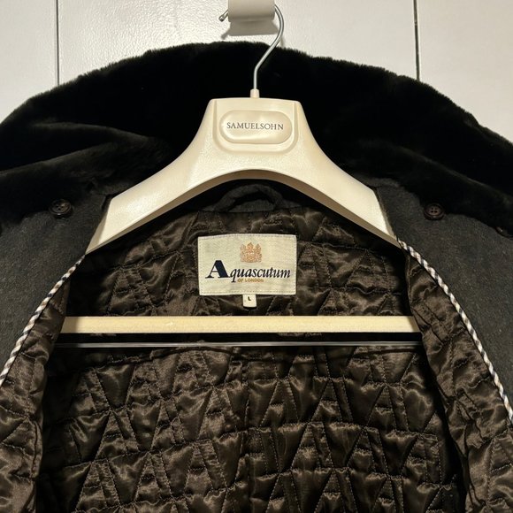 Aquascutum Olive Green Wool Cashmere Belted Coat, Quilted Lining, Fur Collar-M/L - Picture 11 of 14
